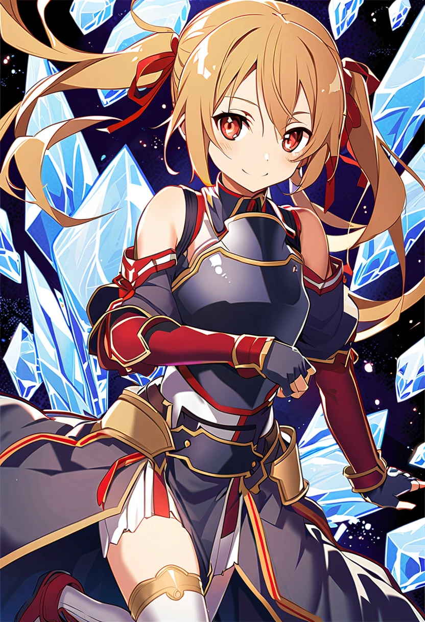 silica,  1 girl ,  brown hair,  medium haired , twin tails, armor,  red eyes, gloves, breastplate, short  twin tails,   fingerless gloves,  shoulder, off  shoulder, smile, ribbon, ice ,   hair ribbon,  red ribbon, Alone, 