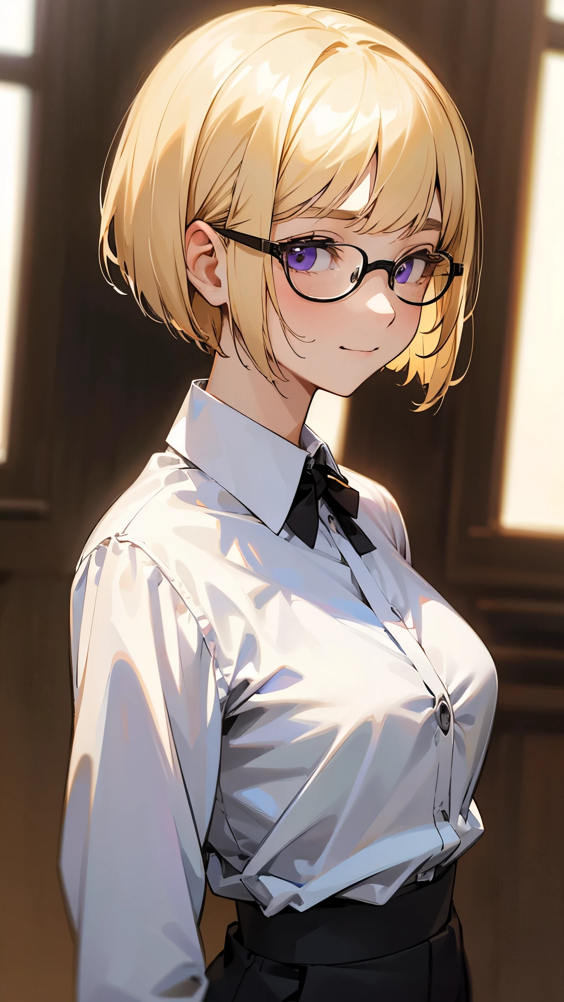 1 girl、Anime-style paintings、( blonde alone)、 short hair to be shouldered、 bob cut 、 dull bangs、 beautiful purple eyes、 slender body、 from the side、 Close Up of Upper Body、 wearing glasses 、 white shirt、Black work trousers、black fitted blazer、Calm face、 closed mouth 、 cheeky smile、 squinting、Park in the background、Soft lighting。