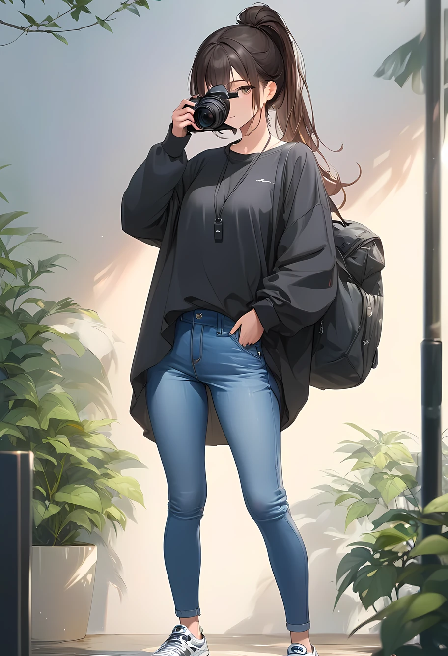 (((Best quality, 8k, Masterpiece: 1.3)), ((best quality)), ((masterpiece)), (detailed), perfect face, perfect body, (detailed skin:1.3), (intricate details), A young female photographer captured in action, holding a DSLR camera up to her face as she takes a photo. She has long hair tied back in a casual ponytail or bun, wearing a relaxed, casual outfit such as a loose-fitting shirt, denim jeans, and comfortable sneakers. Her posture reflects concentration and professionalism, standing in a natural outdoor setting with soft lighting that highlights her focused expression. The scene includes subtle background details like blurred greenery or urban elements, emphasizing her as the subject.
