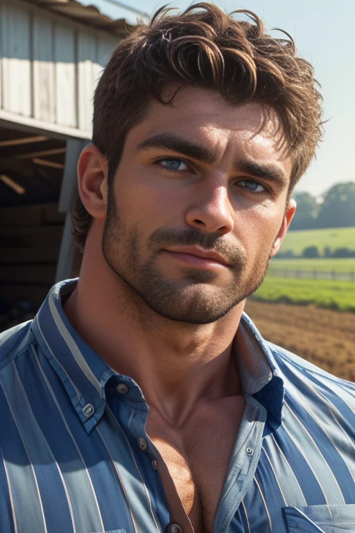   very handsome and muscular man , Perfect big blue eyes, (very short messy hair:1.1), (wearing a striped button-down shirt),  very large biceps , (Very large pectoral muscles:1.0) ,  standing sideways on a farm ,   close-up portrait head ,  Closeup View , only