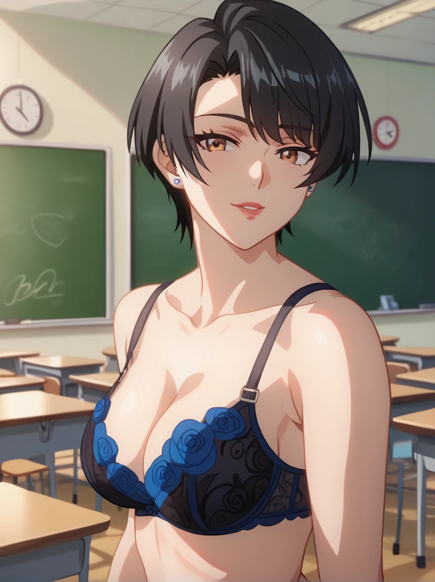   1 girl ,   beautiful mature woman , Alone,   black hair,   short hair to be shouldered ,diagonal bangs,  Asymmetrical Hair, Brown Eyes   ,    piercing 1 woman   , clavicle,   medium chest, blue floral bra, blue panties, Black Garter Belt , black garter stockings  ,  black heels  , Background School Empty Classroom  , evening ,Viewers,  textured skin,    解剖学的にAccurate  ,   Masterpiece    ,    has high definition  , Accurate, 最   High Quality   ,     high detail  ,    high definition model  ,    High Quality   ,    very detailed,    super high resolution,   8k octane  , 