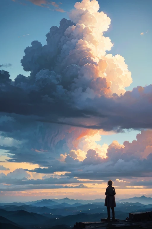 To the cloud,
Over the mountain,
Inside the sea,
The real me is where I should go,
Before sunset,
The wind is coming,
Under the stone pier I was sitting cross-legged,
What exactly defines ugliness by man?,
God, where are you?,
Mountain, I'm afraid,
The sea can't be taken away,
The end is there or not。(Outdoor view:1.5),The boundless sea,blue-sky,Rolling white clouds,The back of the lonely girl(中景 the scene is),Melancholy and melancholic landscape tones,(tmasterpiece),(Best picture quality),(Very detailed and uniform picture),(8k wallpaper),(Chinese folk style painting),(Watercolor style painting),(light and shadow effect),style of surrealism,(Very expressive painting style),Creative inspiration:song《To the cloud》,RAY rendition