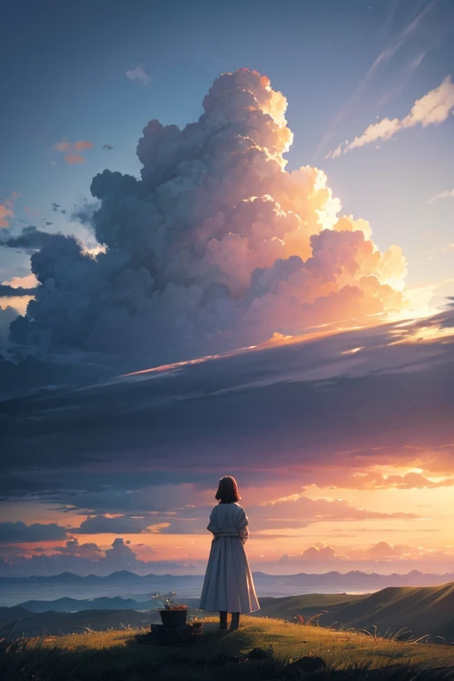 "шедевр, beste-Qualit, film encore, 1 fille, fille nuage, flottant dans le ciel, gros plan, lumineux, joyeux, soft and warm lighting, coucher de soleil, (Sparks : 0,7)"