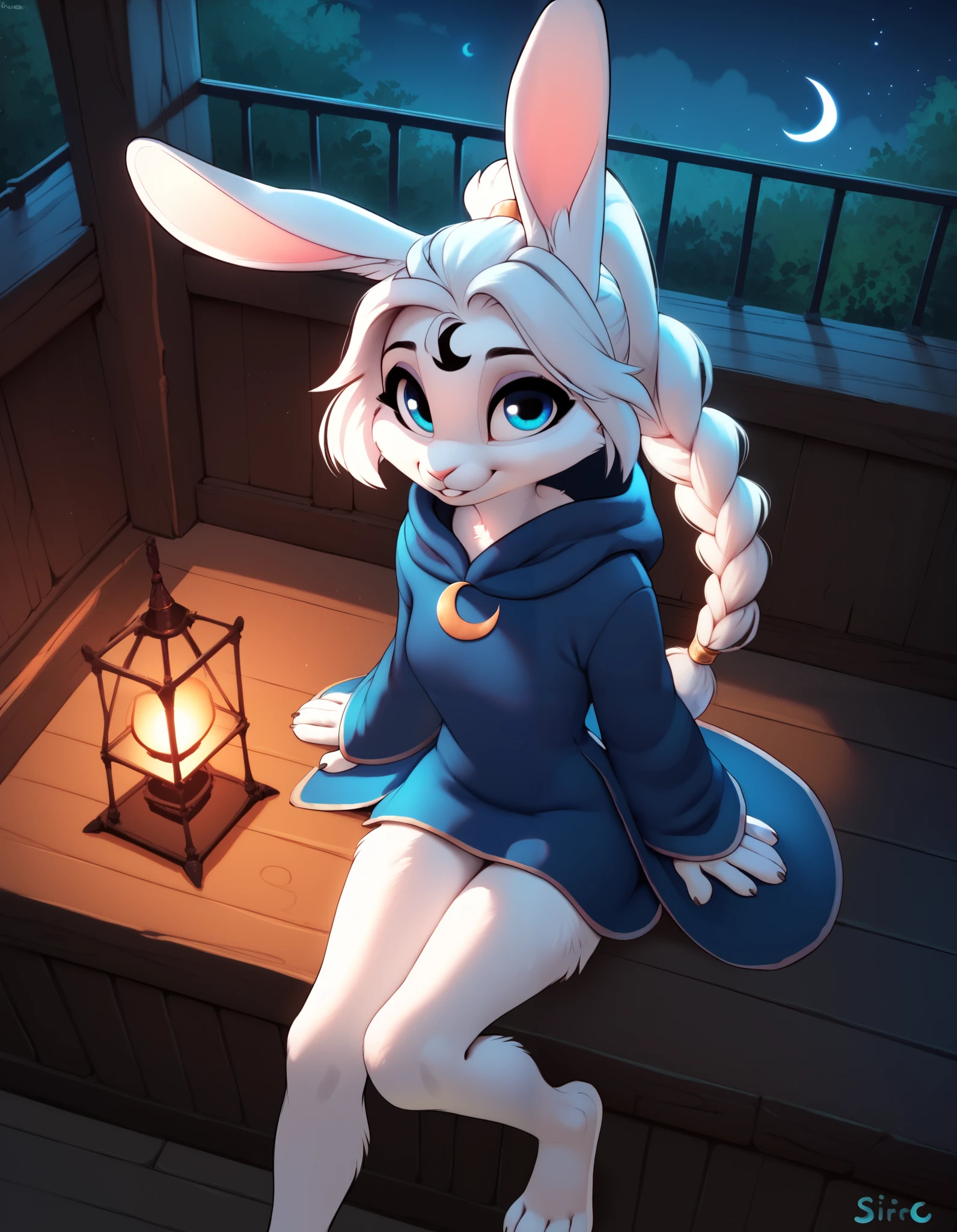 score_9, score_8_up, score_7_up, high detail, 4k, high resolution, SirocStyle, 
Detailed background, dynamic angle, night, bedroom, solo,
(Anthro rabbit, rabbit ears, furry, cute, female, white fur, blue eyes, white hair, long hair, 1 ponytail, braided ponytail), white crescent mark on forehead, glowing crescent mark, dark blue wizard robe, wizard attire, large collar, small breasts, looking at viewer, bottomless, (showing leg), sitting