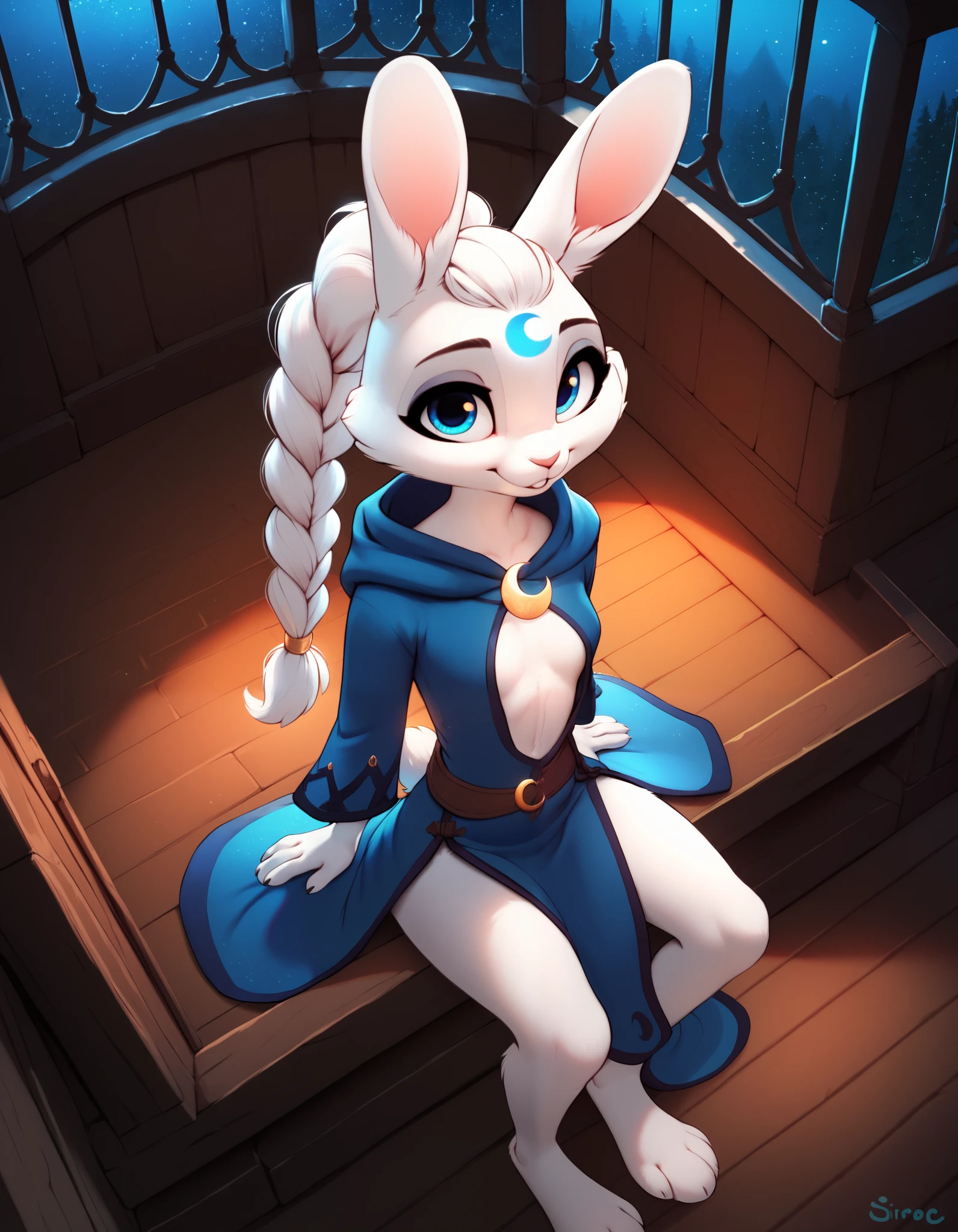 score_9, score_8_up, score_7_up, high detail, 4k, high resolution, SirocStyle, 
Detailed background, dynamic angle, night, bedroom, solo,
(Anthro rabbit, rabbit ears, furry, cute, female, white fur, blue eyes, white hair, long hair, 1 ponytail, braided ponytail), white crescent mark on forehead, glowing crescent mark, dark blue wizard robe, wizard attire, large collar, small breasts, looking at viewer, bottomless, (showing leg), sitting