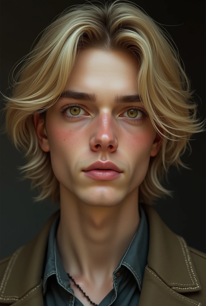 Create a guy, male, belo, realistic, Young, . Her hair is a bit long and blond. your skin is white. Your eyes are the fine almond type , and they are the color amber . He has a serious expression , but not so exaggerated !