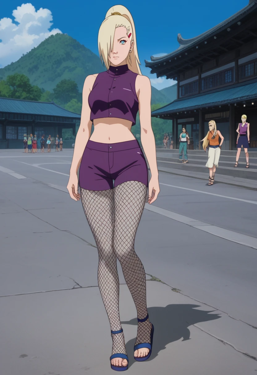 Full body, Ino Yamanaka, yamanaka ino, hair over one eye, blue eyes, blonde hair, ponytail, hairclip, purple crop top, sleeveless, miniskirt, fishnets elbows, fishnets kneepads, earrings, midriff, standing, solo, 1girl, facing front, masterpiece, perfect face,  muslos altos, sandals, perfect body, perfect Hips, beautiful legs, beautiful body, sexy legs, official_style, official_art, anime screencap 