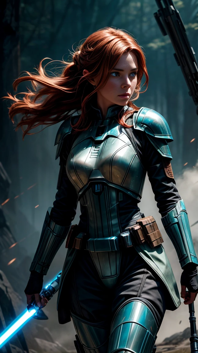 Highly detailed, realistic, cinematic, full-body portrait. A beautiful redheaded Jedi with vibrant green eyes and a face adorned with subtle freckles, exuding both elegance and strength. She wears small, form-fitting armor that enhances her agility, paired with flowing Jedi robes in earthy tones that billow dramatically in motion. Her dynamic pose captures her mid-action, her glowing blue lightsaber ignited and held with precision, casting a soft glow over her figure.

The background features a mystical, battle-worn landscape with faint mist and scattered debris, illuminated by dramatic lighting that highlights her features and the intricate textures of her attire. Rendered in ultra-high detail, showcasing her commanding presence, the fluidity of her movement, and the cinematic atmosphere of the scene.