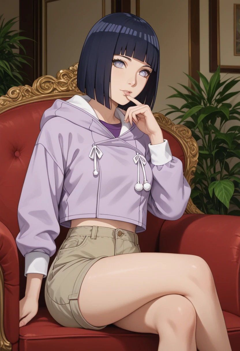 (highly detailed:1.3),
Hyuga hinata, short hair, dark blue hair , hime cut, white eyes, blunt bangs, medium breasts,purple hoodie, khaki shorts, sitting on a chair ,crossed legs, sexy legs, beautiful body, beautiful legs, beautiful face, hand on own chin,
Ultra-detail,(highres:1.1),best quality,(masterpiece:1.3), perfect body, perfect Hips, beautiful legs 