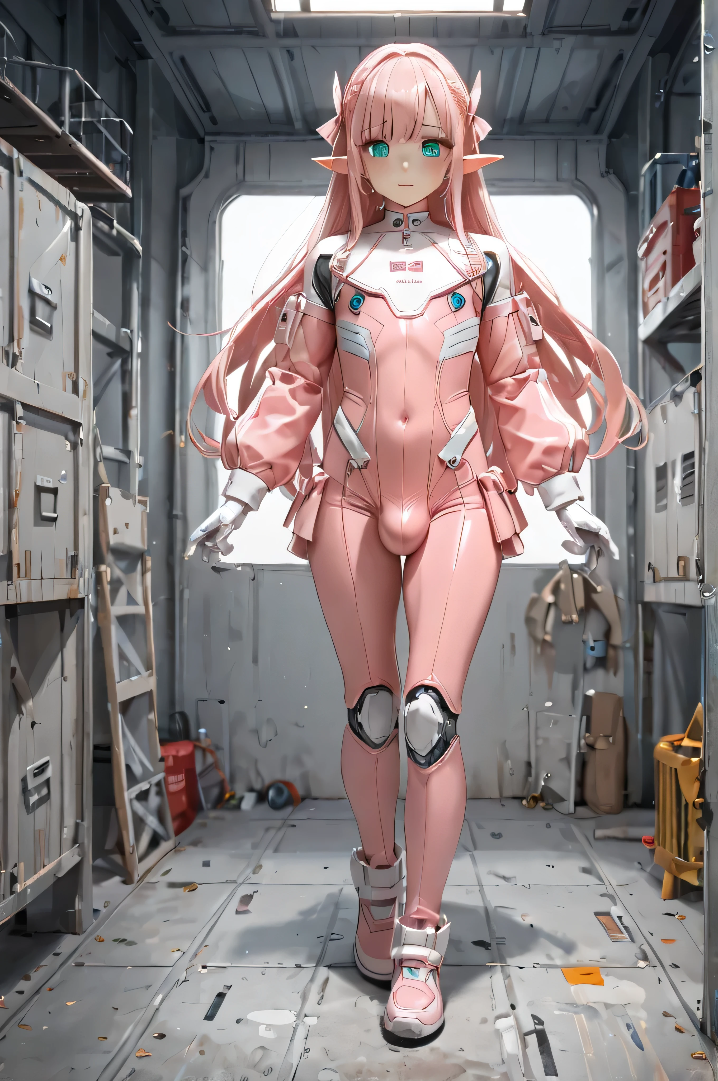 masterpiece, anime, hangar, elf, 1 boy, 17yeas old, otoko no ko, pink_hair, straight_longhair, turquoise_eyes, girly, curvy, crossdressing, pink pilotsuit, bulge,  a giant robot in behind, looking at viewer, fullbody