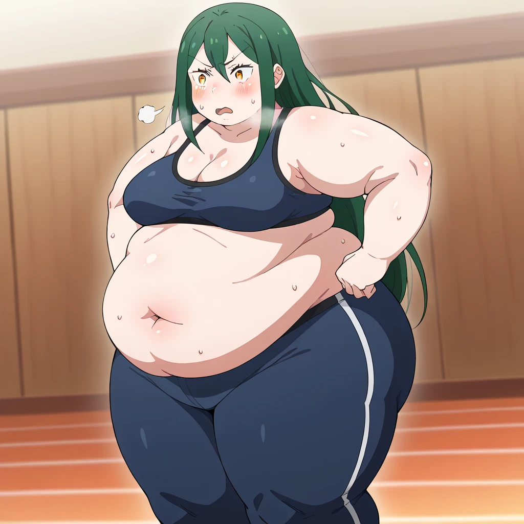 score_9, score_8_up, score_7_up, source_anime, crusch karsten, long hair, hair between eyes, green hair, orange eyes, medium breasts,, yoga pants,, gym, sports bra, navel, midriff, cleavage, stretching, blush,, cowboy shot, dutch angle, looking at viewer,, , dutch angle, cowboy shot,bulging belly, fat, chubby, obese, open mouth, out of breath, absurdres, highres icon, rating:General, confused, blush, {flustered}, nervous sweating, portrait, averting eyes, [looking away], straight-on,, swollen face, masterpiece, best quality, ultra-detailed, high resolution, 8k, sweaty, wet with sweat, exhuasted, hands on hips, heavy breathing, full body