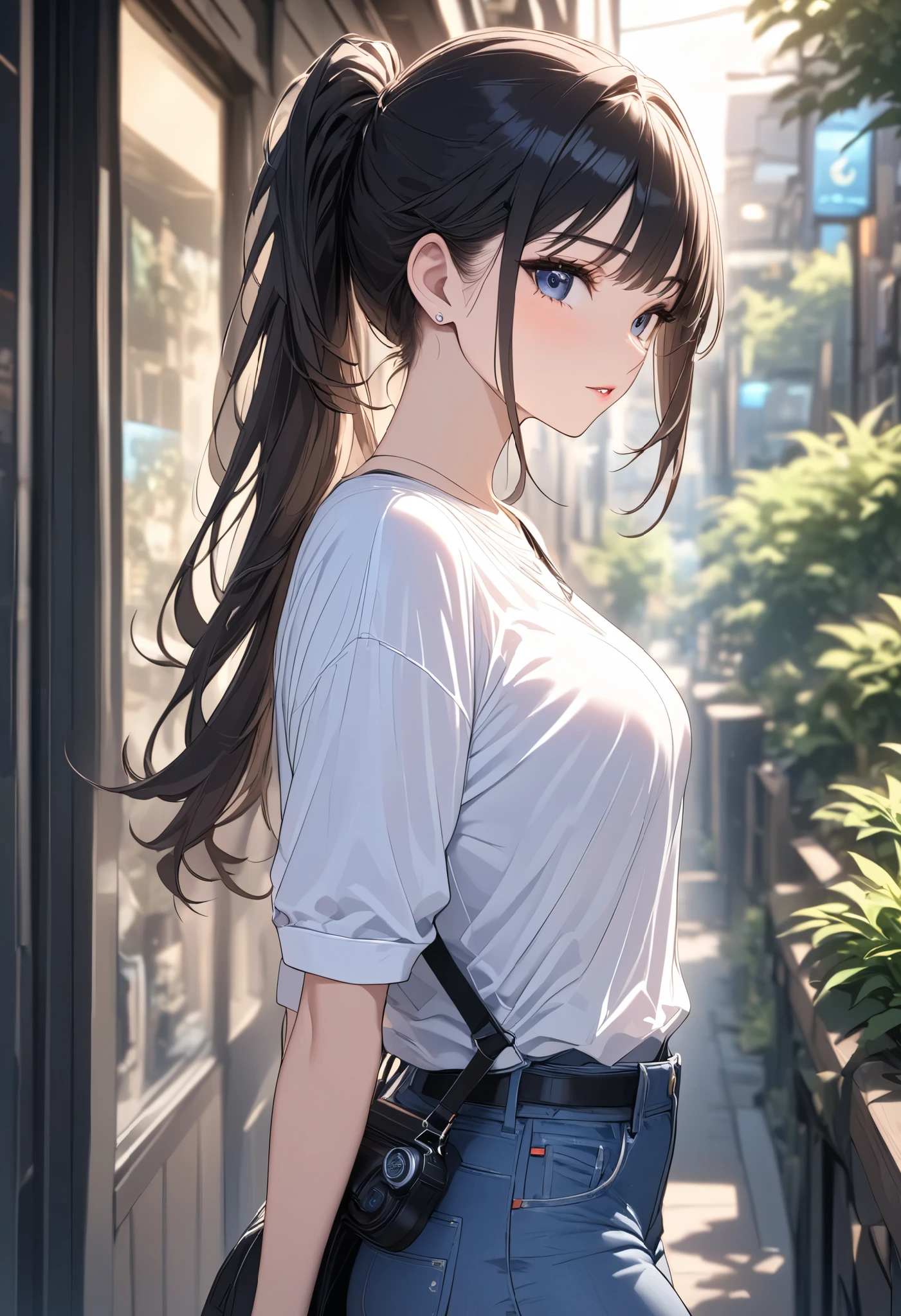 (((Best quality, 8k, Masterpiece: 1.3)), ((best quality)), ((masterpiece)), (detailed), perfect face, perfect body, (detailed skin:1.3), (intricate details), A young female photographer captured in action, holding a DSLR camera up to her face as she takes a photo. She has long hair tied back in a casual ponytail or bun, wearing a relaxed, casual outfit such as a loose-fitting shirt, denim jeans, and comfortable sneakers. Her posture reflects concentration and professionalism, standing in a natural outdoor setting with soft lighting that highlights her focused expression. The scene includes subtle background details like blurred greenery or urban elements, emphasizing her as the subject.