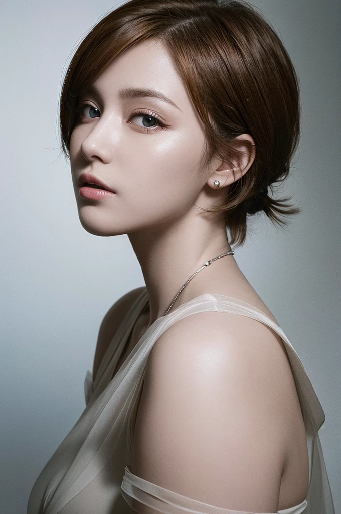 Best quality, masterpiece, ultra high res, (photorealistic:1.5), raw photo, 1girl, offshoulder, in the dark, deep shadow, low key, cold light, sexy look, short hair