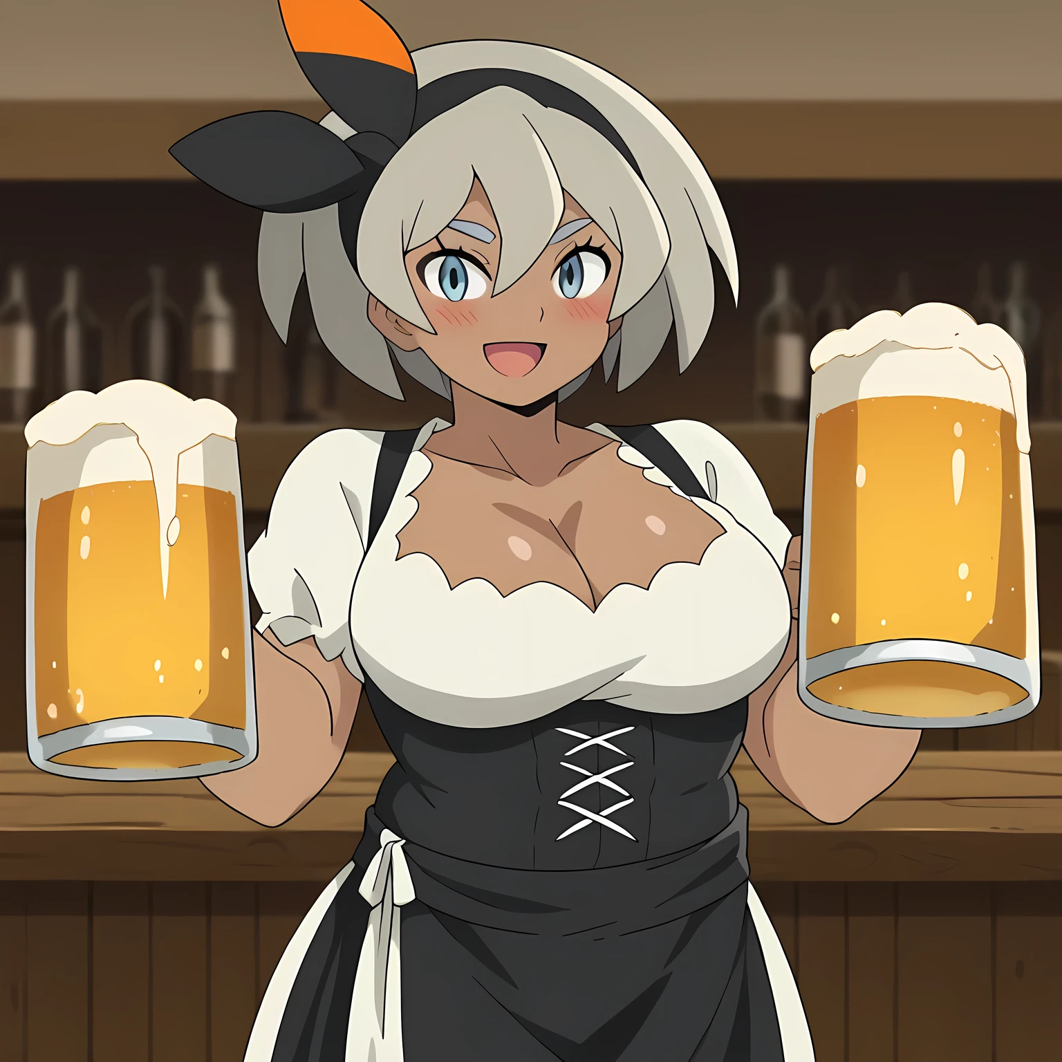 score_9, score_8_up, score_7_up, source_anime, pokemonbea, blue eyes, dark skin, dark-skinned female, grey hair, hair between eyes, short hair, ribbon, hair ribbon, hairband, black ribbon, black hairband,, dirndl, german clothes, beer mug, collarbone, cleavage, beer, underbust, waist apron,, indoors, bar, smile, blush,, , cowboy shot, dutch angle fat, chubby, obese, gigantic arms and legs, large breasts open mouth, out of breath