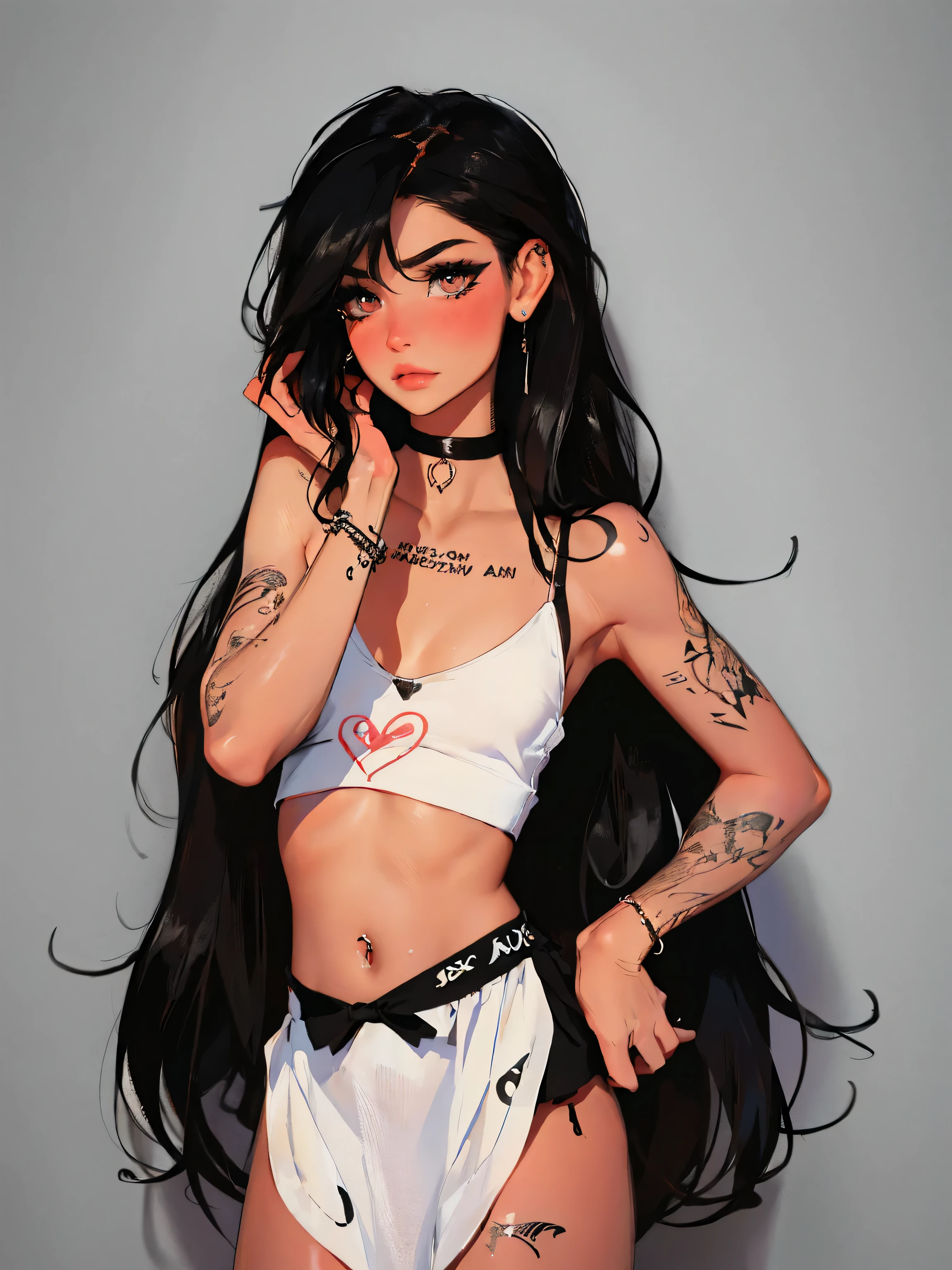 Teenage girl-model 1, beautiful, black hair, glossy hair, pretty eyes, beautiful figure, girl wearing sun dress, beautiful long legs, slave bracelets, slave choker, manicure, cute makeup, flirtatiously posing, hot summer, hot flirty, hands behind back,, top quality, highest quality, pin-up style, (((e-girl,, tattoos all over skin, tattoos covering arms and hands,))), , dark makeup, exposing thong, small breasts, beach outfit, skinny, slender body, ((mascara, septum piercing, nose blush))), (athletic body)