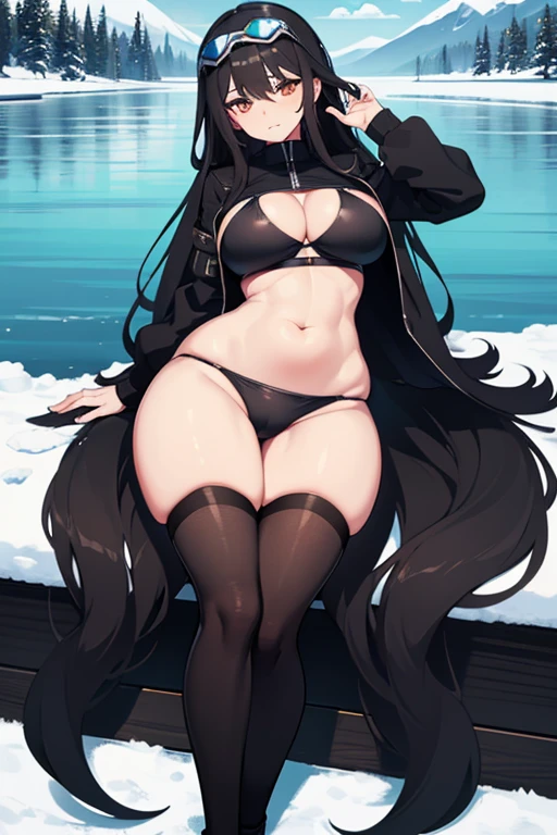 1 female,35 years old,plum,very big breasts, solo,(With background:huge machines,warships,Ocean,battleship,huge robot,snow) she has long black hair,flowing long hair,Stand at the bow of the ship,,Seen from the front, hair straight, mostly cloudy sky,(((master piece),(Highly detailed CG Unity 8k wallpaper),best quality,cinematic lighting,Detailed background,beautiful detailed pupil eyes,白snow姫の肌,red lip(very elegant and beautiful),(Beautiful and detailed eye depiction),super detailed,master piece,))towards the camera,High resolution,super detailed),expose one's genitals, bulge,legs open,sexy and exciting,Glossy skin of camel toe,desire for dissatisfaction,frontage,Snowflake Decoration,Brave(wear:black cloak,white loose shirt,Black leggings pants,)