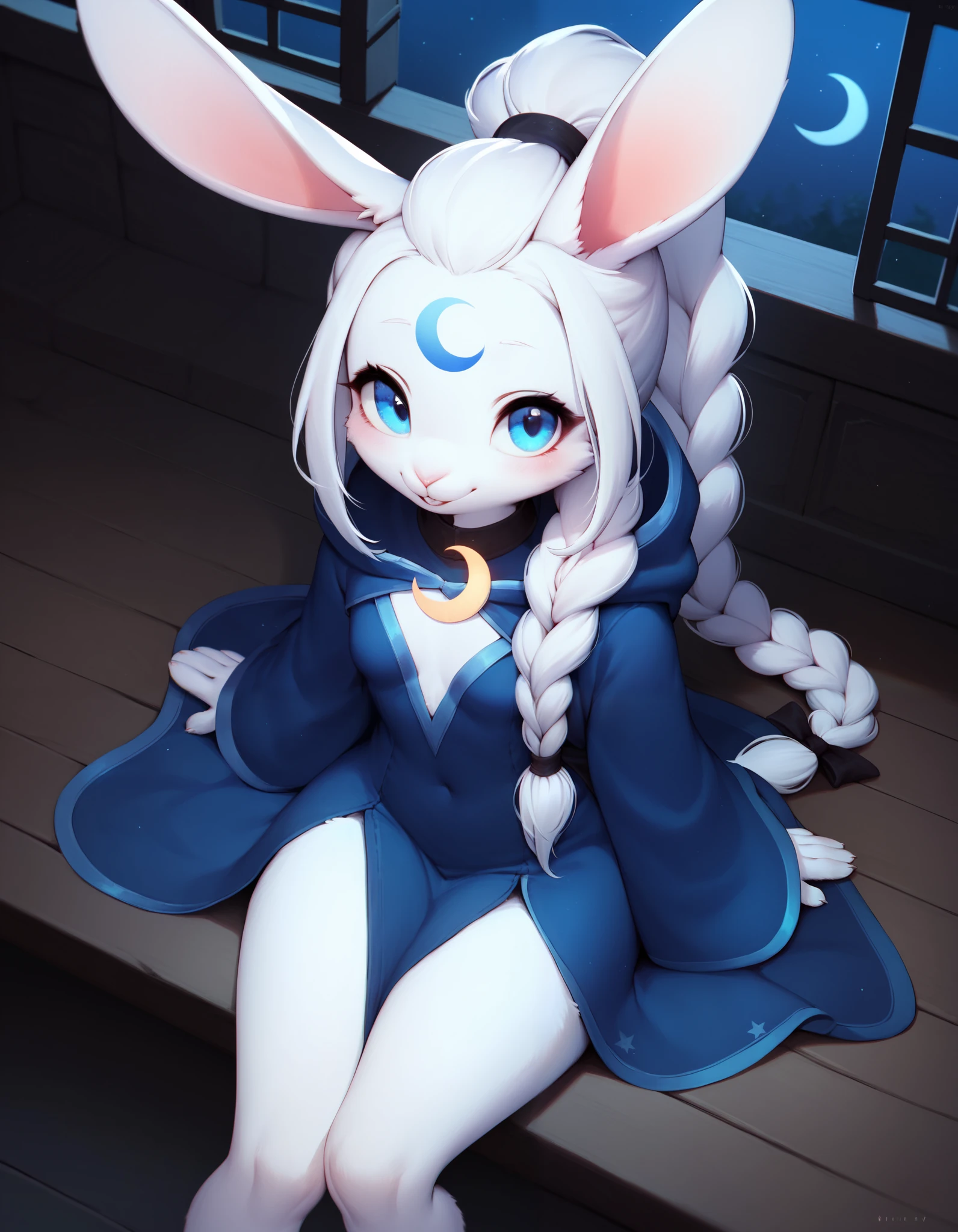 score_9, score_8_up, score_7_up, high detail, 4k, high resolution, by rikose,
Detailed background, dynamic angle, night, bedroom, solo,
(Anthro rabbit, rabbit ears, furry, cute, female, white fur, blue eyes, white hair, long hair, 1 ponytail, braided ponytail), white crescent mark on forehead, glowing crescent mark, dark blue wizard robe, wizard attire, large collar, small breasts, looking at viewer, bottomless, (showing leg), sitting