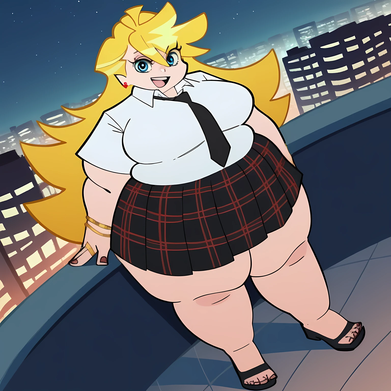 score_9, score_8_up, score_7_up, source_anime, panty anarchy, blonde hair, blue eyes, ahoge, long hair,, skirt, shirt, jewelry, school uniform, white shirt, pleated skirt, earrings, necktie, collared shirt, bracelet, plaid, plaid skirt, black necktie,, city skyline, rooftop view, night time, city lights, quiet reflection, smile, , knee forward, arm behind back, foot on tiptoe, solo,, cowboy shot, dutch angle fat, chubby, obese, gigantic arms and legs, large breasts open mouth, out of breath