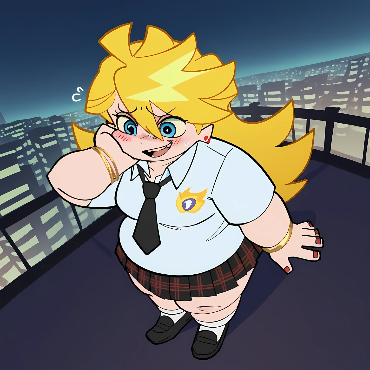 score_9, score_8_up, score_7_up, source_anime, panty anarchy, blonde hair, blue eyes, ahoge, long hair,, skirt, shirt, jewelry, school uniform, white shirt, pleated skirt, earrings, necktie, collared shirt, bracelet, plaid, plaid skirt, black necktie,, city skyline, rooftop view, night time, city lights, quiet reflection, smile, , knee forward, arm behind back, foot on tiptoe, solo,, cowboy shot, dutch angle swollen face, fat, chubby, obese, open mouth, out of breath, absurdres, highres icon, rating:General, confused, blush, {flustered}, nervous sweating, portrait, pov hands, hand on another's cheek, averting eyes, [looking away], straight-on, from above,  upper body, masterpiece, best quality, ultra-detailed, high resolution, 8K, 