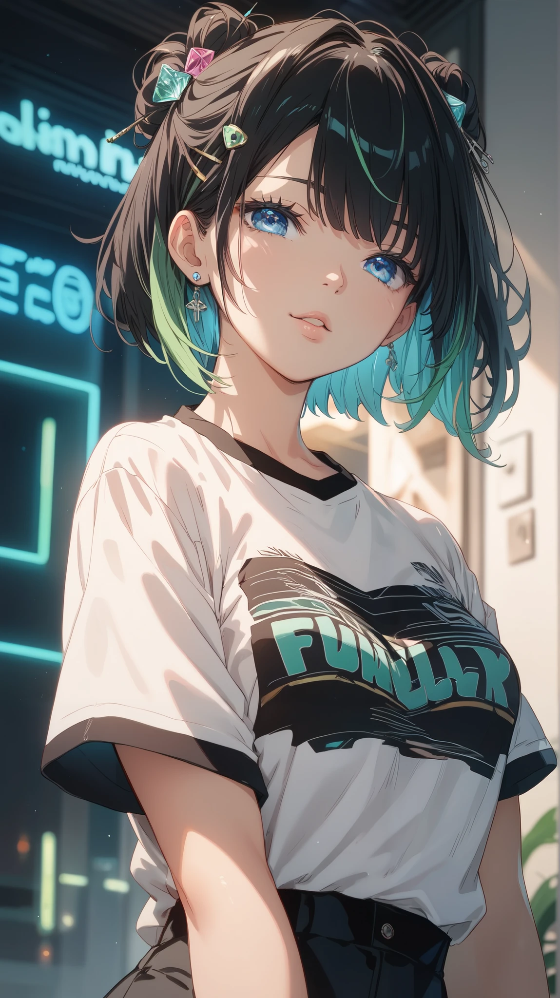 A young woman with glossy ((black)) short hair, styled with slightly longer side bangs. She has striking light blue eyes and wears a light blue hairpin. Her outfit consists of a short-sleeve white button-up shirt, with a black long-sleeve T-shirt visible at the hem. The black T-shirt features a neon green line design. She has a gentle and kind expression. The background is plain and empty. Ultra-detailed, sharp focus, soft lighting, character-centered,