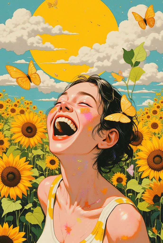  crazy woman laughing,Pink,yellow,Yellow green, orange ,White,Surreal collage,a contemporary artistic collage,collage artwork, New Album Cover , Great Job !! ,digital collage、(collage ),collage art,contemporary collage,mixed media collage, Surreal +      is high definition , Surreal style, convertible、    Call it the Inner World of the Autism Spectrum, see here , moon,Sunflower field,butterfly,cloud, sleeveless