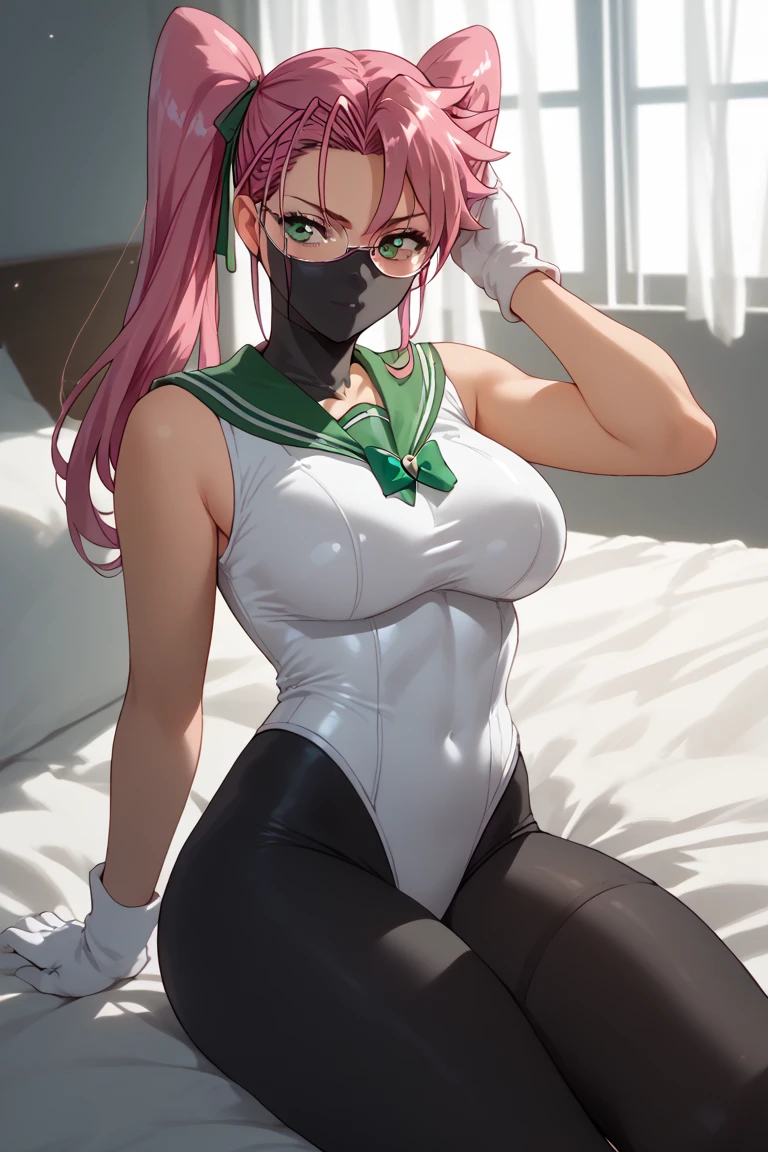  spandex White  body suit　 bed　 invited position 　 sexy　 showing private parts 　 open thighs　 　　zentai　M-shaped legs　takagi saya　glasses
   ecstatic expression　Sailor Jupiter costume
black leggings pink hair 　thick　mask