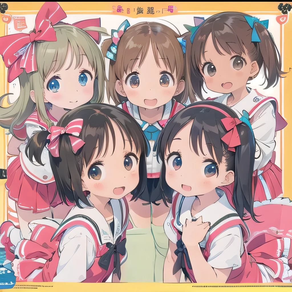 18age、 cute girl、ribbon、A happy smile、beautiful detailed background, FOUR GIRLS、ribbonパーカー、 Thick eyebrows、low angle camera 、Detailed expression 、Bow