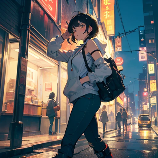 ( highest resolution , clear _image) Excellent, Masterpiece , high detail, semi-realistic , 1 neutral girl sticking her hands forward ( high school girl with visible armpits , ,黒い shorthair , golden eyes, Indifferent look , young, tall 、Get Stronger , hoodie , pants, boots , Serious, Cold and arrogant) , Night Streetscape, More Details ,Dark Background, half up, detailed face , complex details , Gerboule , pixib, bootsを履く , roomy pants , オーバーサイズ hoodie ,Expectations,Front, bootsを履いている,Idol, supermodel that causes cleavage ((Alone)), ((woman1名, (young, androgynous , woman, , A tall woman, )), (( black hair , hair is unkempt, shorthair , bangs)), white skin , Sharp Features, ( Oversized Clothes )), (( sharp eye, green eyes, )), roomy pants , オーバーサイズ hoodie ,Expectations,Front, draw a profile ,Draw a detailed face ,"highest resolution, clear image, excellent, masterpiece, high detail, semi-realistic, 1 girl (high school girl, black short hair, golden eyes, indifferent appearance, young, cold and serious, oversized hoodie, roomy pants, boots, sharp features, strong aura), A cyberpunk-style character in a hoodie and jeans running through a neon-lit city, futuristic aesthetic.