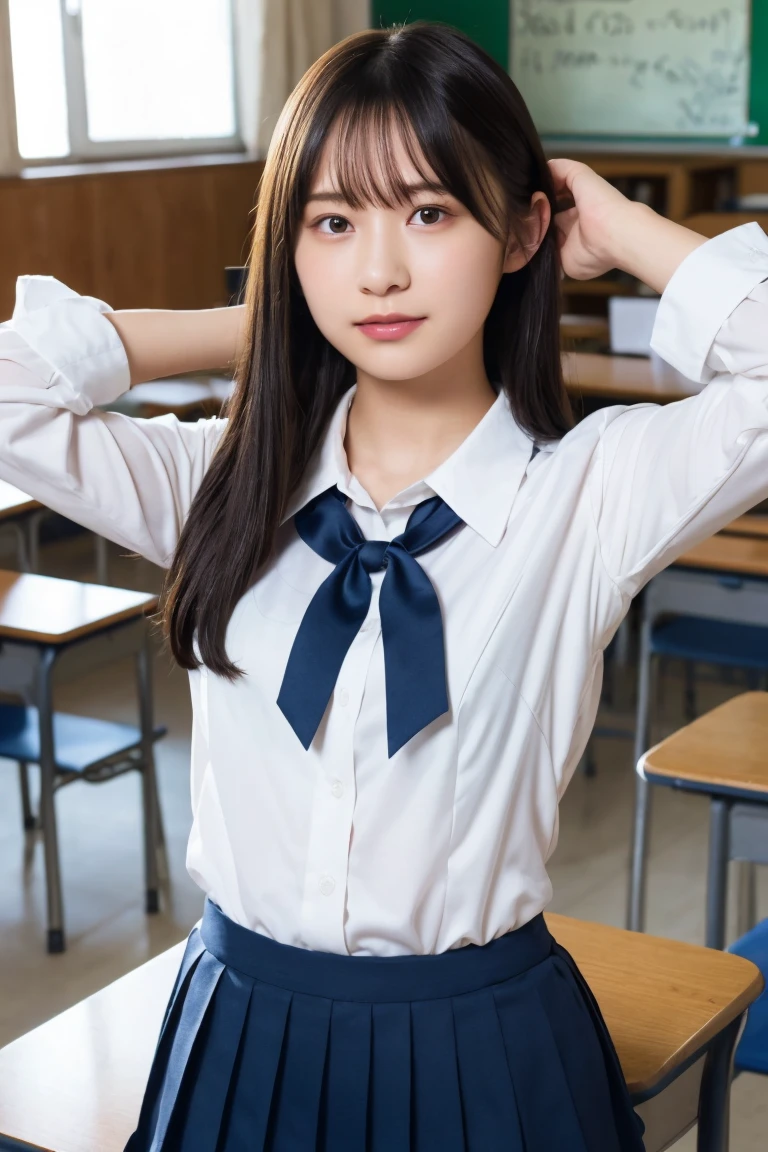  top quality, super high resolution, high school girl with visible armpits,1 person,whole body, black hair, Cool Look, staring at the camera , beautiful skin ,  long-sleeved white shirt,ribbon,  small breasts,  Navy Pleated Skirt, After School Classroom, standing posture 