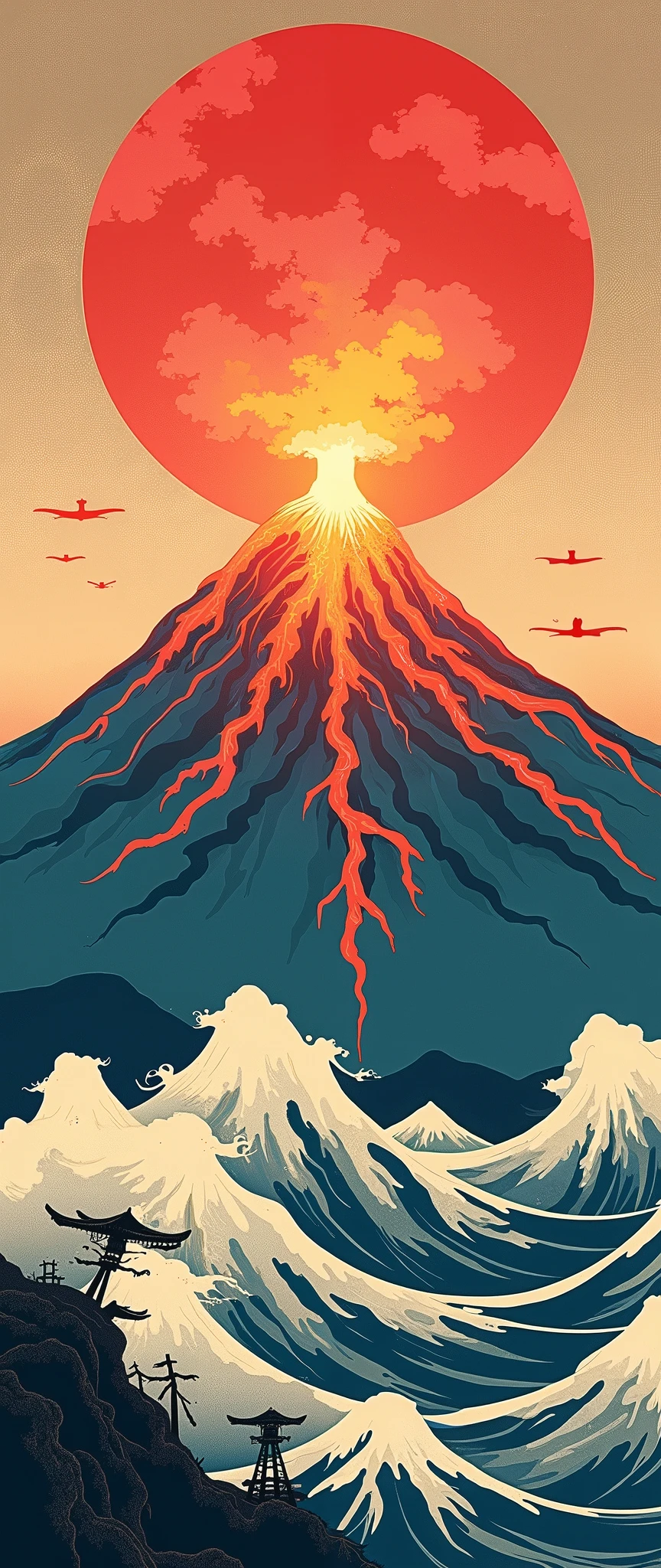 ( Ukisei:2.0),8k,16k,wallpaper,( Katsushika Hokusai style:2.0),(Volcanic eruption),(Mt. Fuji eruption :2.0),( Vector Art :2.0),( flat design:2.0),( flat color:2.0)
