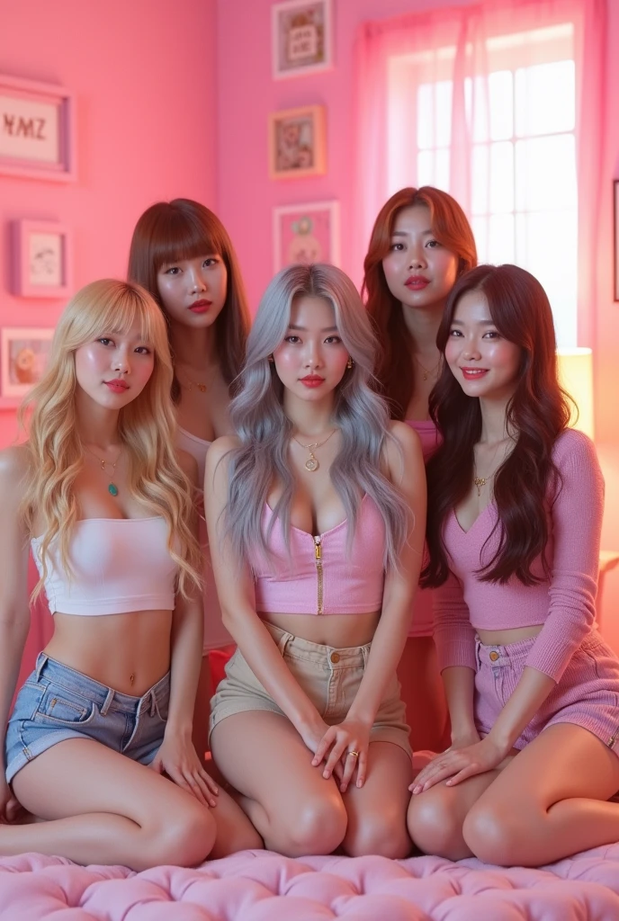 best quality, Clarity, 4k, 8k, detail, actual K-pop stars, ((group photo:1.5)), 5 K-pop superstar brides 22 year old ultra sexual angelic and incredibly gorgeous supermodel bride Girls standing together, (Korean makeup:1.3), Red lips, high quality hands, pink and blue hair, Perfect body, sexy thigh highs, seductive pose standing, FF cupped large breasts, glistening skin, Graffiti crop top, Deep cleavage, cute Checkered striped bridal mini skirt, standing in a K-pop church