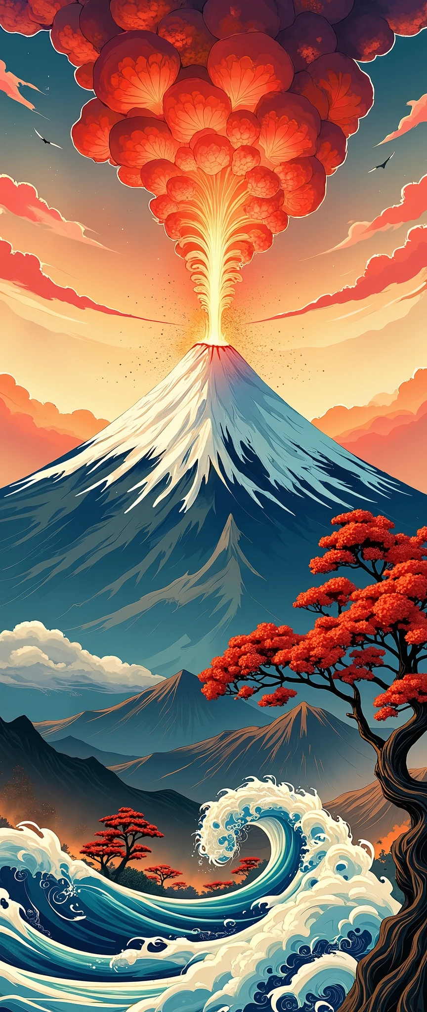 ( Ukisei:2.0),8k,16k,wallpaper,( Katsushika Hokusai style:2.0),(Volcanic eruption),(Mt. Fuji eruption :2.0),( Vector Art :2.0),( flat design:2.0),( flat color:2.0)
