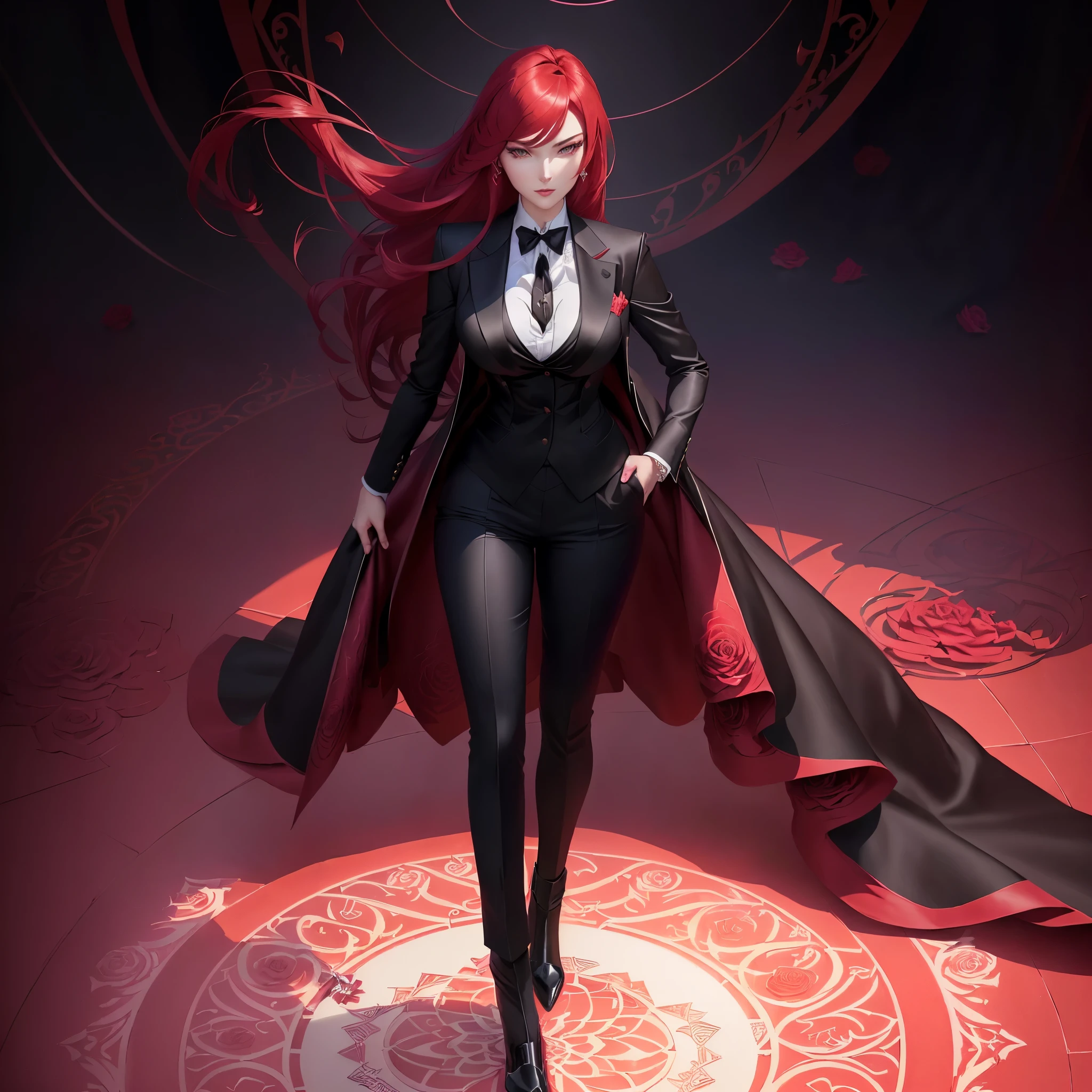 a woman in a suit and tie standing in front of a circular rose pattern, rias gremory, kda, crimson attire, anya from spy x family, androgynous vampire, beautiful androgynous prince, official character art, anime key visual of elegant, cushart krenz key art feminine, wearing a black noble suit, dark suit