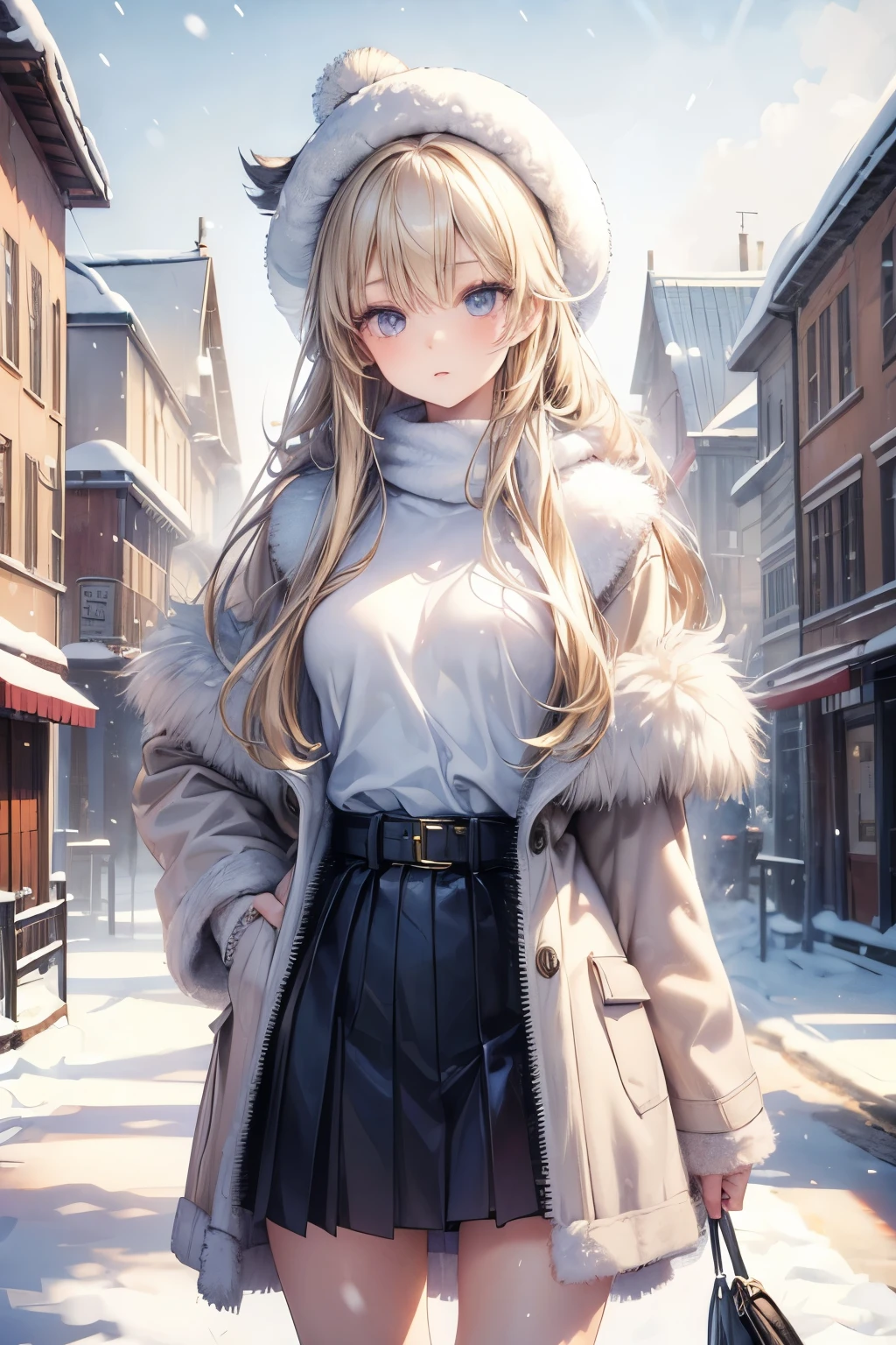 masterpiece, top quality, very detailed ,photo realistic , realistic , Ultra High Resolution , Masterpiece , pretty girl, ager, smaller breasts, Thin Waist,long straight hair,Blonde, perfect eyes, Very Cute ,slender, sweater , skirt,( fur coat ), muffler , yarn hat,Outdoor,Snow Town,Snow