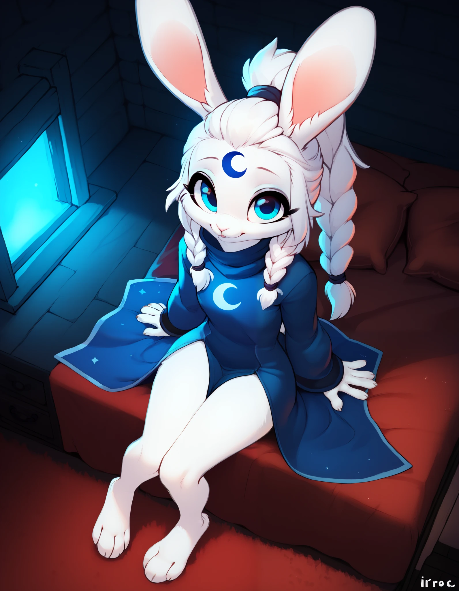 score_9, score_8_up, score_7_up, high detail, 4k, high resolution, SirocStyle, by rikose,
Detailed background, dynamic angle, night, bedroom, solo,
(Anthro rabbit, rabbit ears, furry, cute, female, white fur, blue eyes, white hair, long hair, 1 ponytail, braided ponytail), white crescent mark on forehead, glowing crescent mark, dark blue wizard robe, wizard attire, large collar, small breasts, looking at viewer, bottomless, (showing leg), sitting