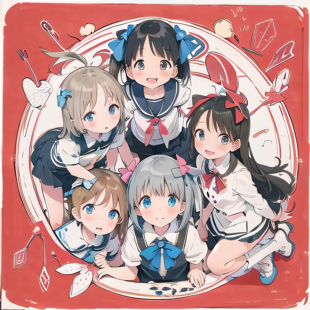 18age、 cute girl、ribbon、A happy smile、beautiful detailed background, FOUR GIRLS、ribbonパーカー、 miniskirt、 High Socks、 loafers in white、 Thick eyebrows、low angle camera 、Detailed expression 、 cute face、Bow、The red thread of fate、whole body