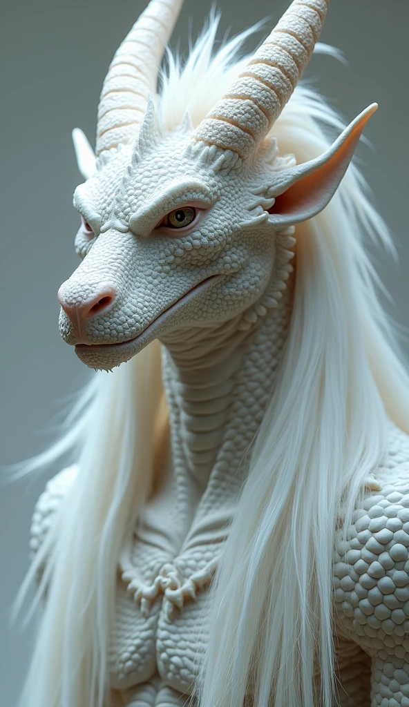Create an image of a humanoid dragonoid with golden hair like gold with fire ruby eyes with a beautiful athletic build and white skin 