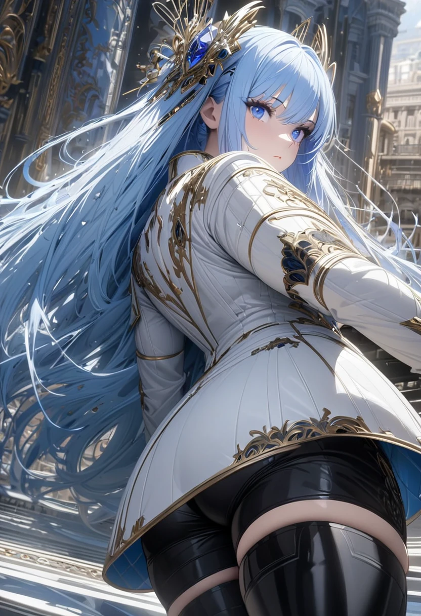 Silver long hair, golden eyes, flat chest,Blue armor,thigh,black stockings,medieval european city
