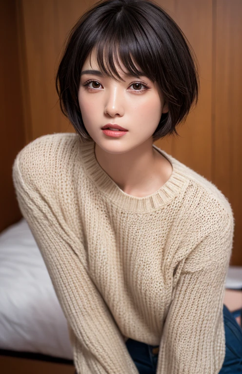 masterpiece:1.3), (8k, Realistic,  RAW photos ,  top quality: 1.4), (One person),  beautiful face, (Realistic Face), ( black hair,  short hair to be shouldered:1.3), Beautiful hairstyle,  real eyes ,  beautiful eyes with attention to detail, ( realistic skin),  beautiful skin , ( sweater ),  absurd , Charming,  super high resolution,  super real ,  very detailed, Golden Ratio　 spread your legs((Small and soft breasts))、( breast bulge accentuated through clothing:1.3)　 Motion Line 