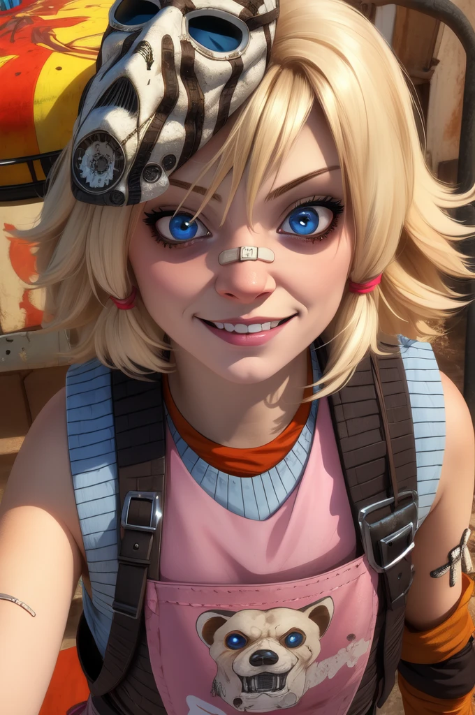 Tina,blue eyes,blonde hair,
shirt,apron,detached sleeve,bandaid on face,mask on head,
standing,upper body,smile,
wastelands,carnival,
(insanely detailed, beautiful detailed face, masterpiece, best quality),solo, hast an orgasm 