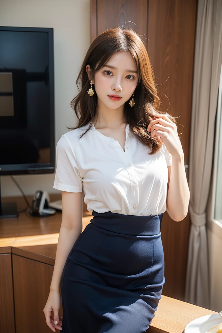 whole body, highest quality, figure, Super detailed, finely, High resolution, 8K, 完璧なダイナミックな構figure, detailed and beautiful eyes, colorful shirt,medium hair, natural color lip, Random and natural poses,smile,tower apartment,big breasts,skirt,jeans,