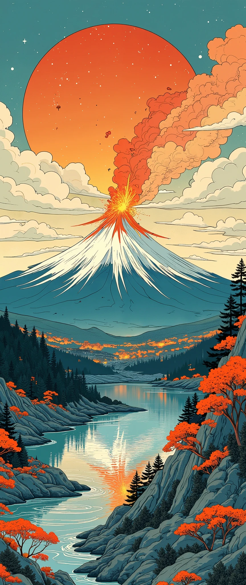 ( Ukisei:2.0),8k,16k,wallpaper,( Katsushika Hokusai style:2.0),(Volcanic eruption),(Mt. Fuji eruption :2.0),( Vector Art :2.0),( flat design:2.0),( flat color:2.0)
