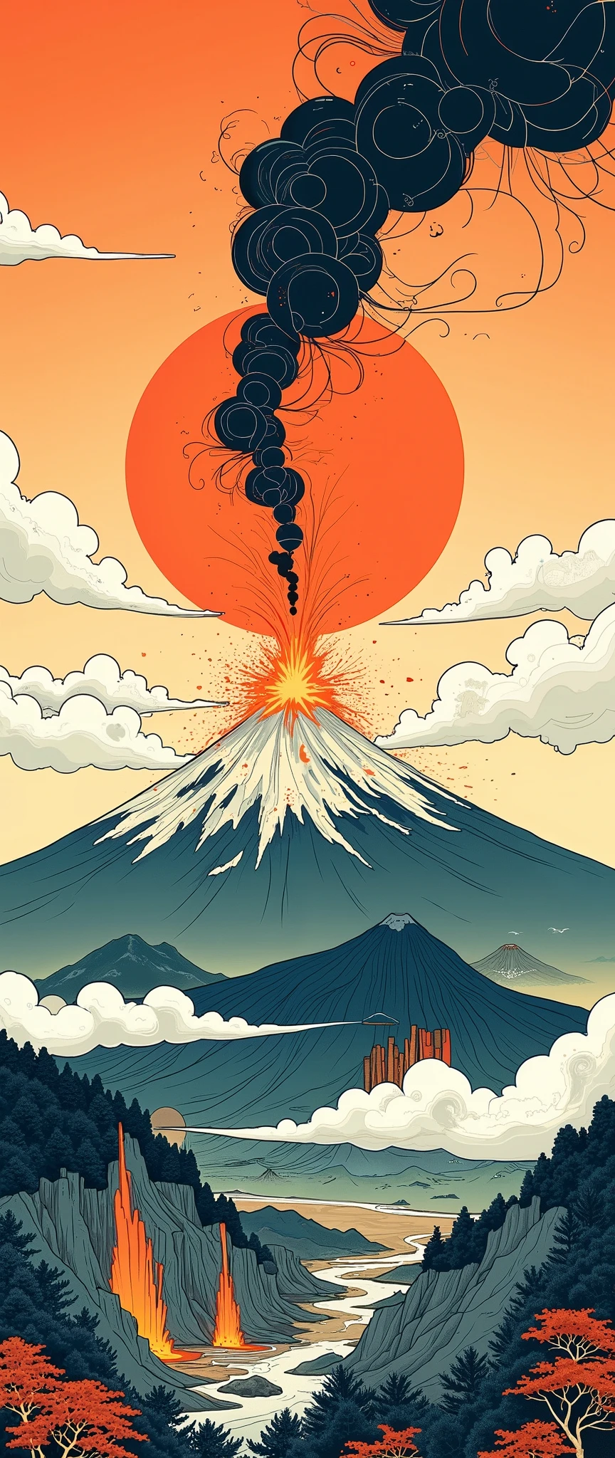 ( Ukisei:2.0),8k,16k,wallpaper,( Katsushika Hokusai style:2.0),(Volcanic eruption),(Mt. Fuji eruption :2.0),( Vector Art :2.0),( flat design:2.0),( flat color:2.0)
