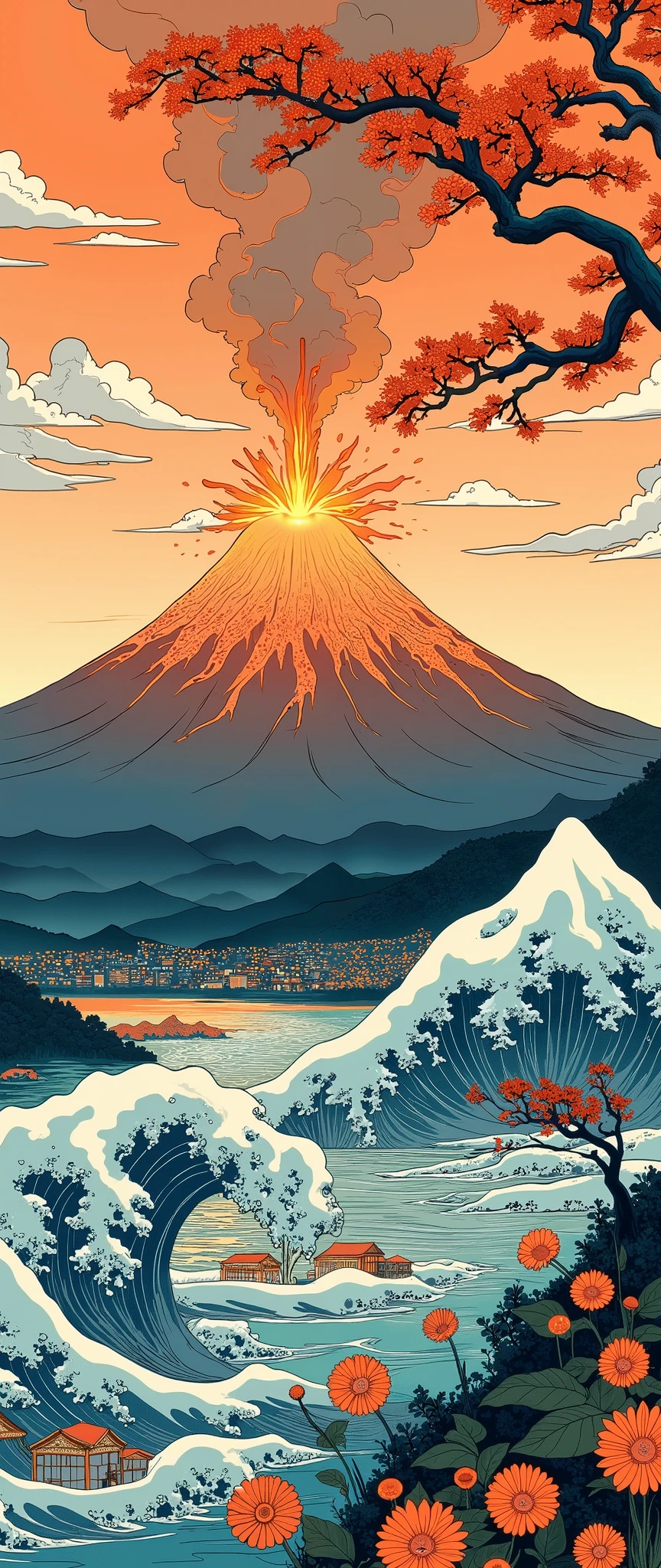 ( Ukisei:2.0),8k,16k,wallpaper,( Katsushika Hokusai style:2.0),(Volcanic eruption),(Mt. Fuji eruption :2.0),( Vector Art :2.0),( flat design:2.0),( flat color:2.0)
