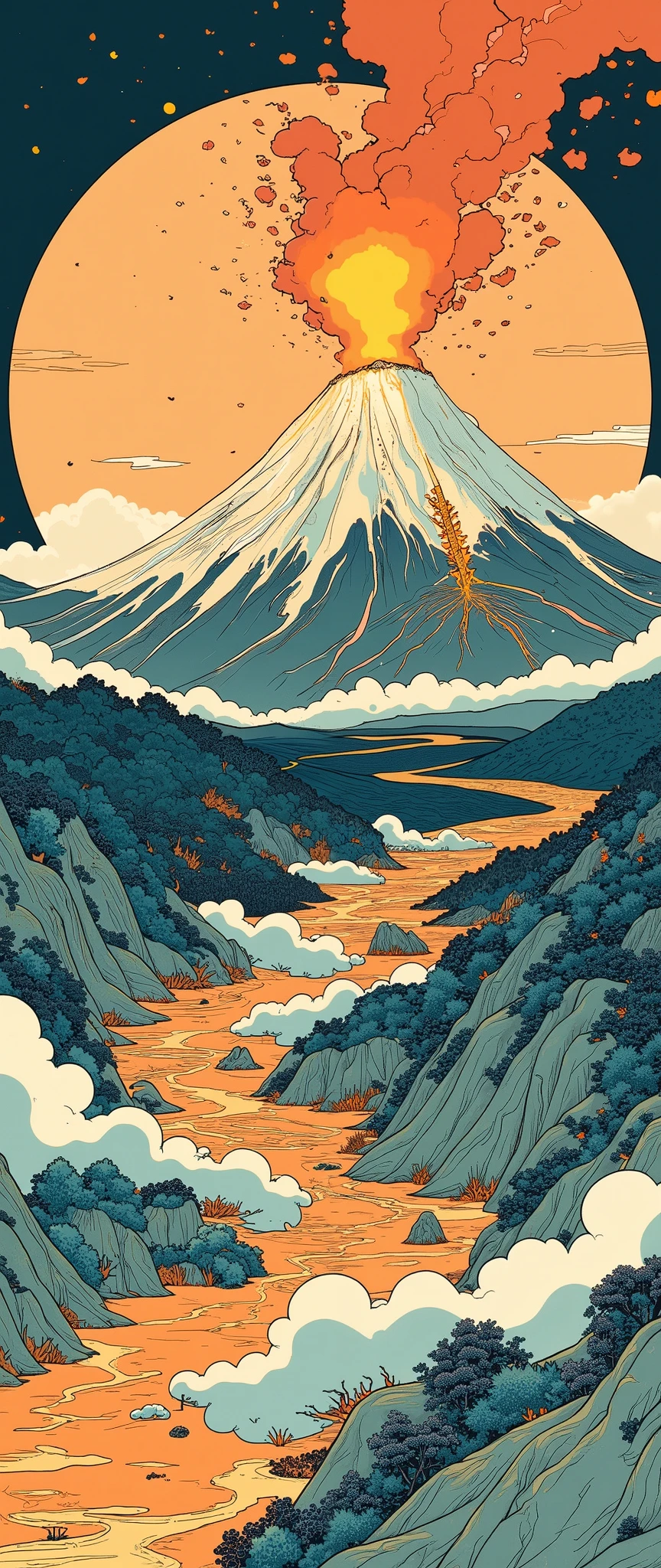 ( Ukisei:2.0),8k,16k,wallpaper,( Katsushika Hokusai style:2.0),(Volcanic eruption),(Mt. Fuji eruption :2.0),( Vector Art :2.0),( flat design:2.0),( flat color:2.0)
