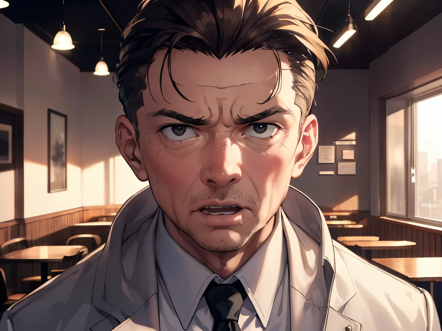 (glaring, scorn), 1 male, (upper body), black eyes, ((sanpaku)), ((hair slicked back)), (dark brown hair), (white coat), cinematic lighting, dramatic lighting, Sharp Focus, (Best Quality, masterpiece, detailed, facial focus), ((in the cafe)), [old man, elderly], [open mouth]