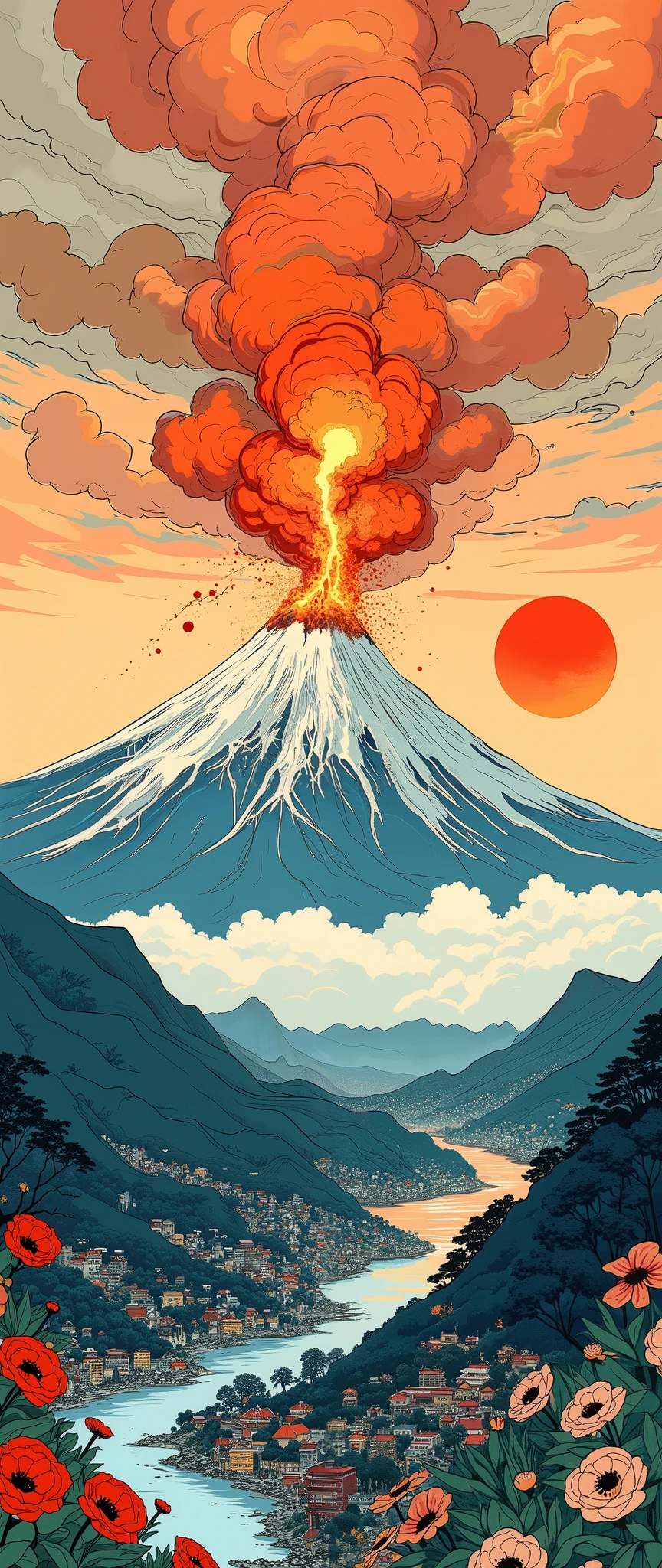 ( Ukisei:2.0),8k,16k,wallpaper,( Katsushika Hokusai style:2.0),(Volcanic eruption),(Mt. Fuji eruption :2.0),( Vector Art :2.0),( flat design:2.0),( flat color:2.0)
