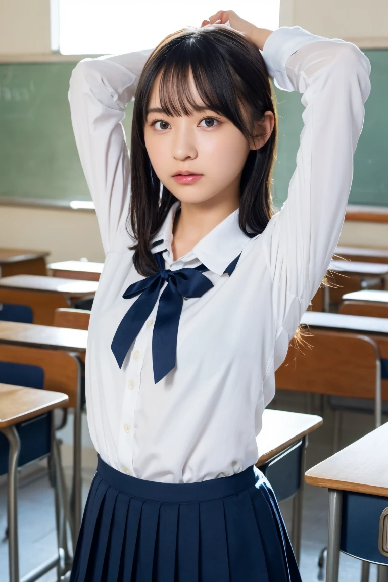  top quality, super high resolution, high school girl with visible armpits,1 person,whole body, black hair, Cool Look, staring at the camera , beautiful skin ,  long-sleeved white shirt,ribbon,  small breasts,  Navy Pleated Skirt, After School Classroom, standing