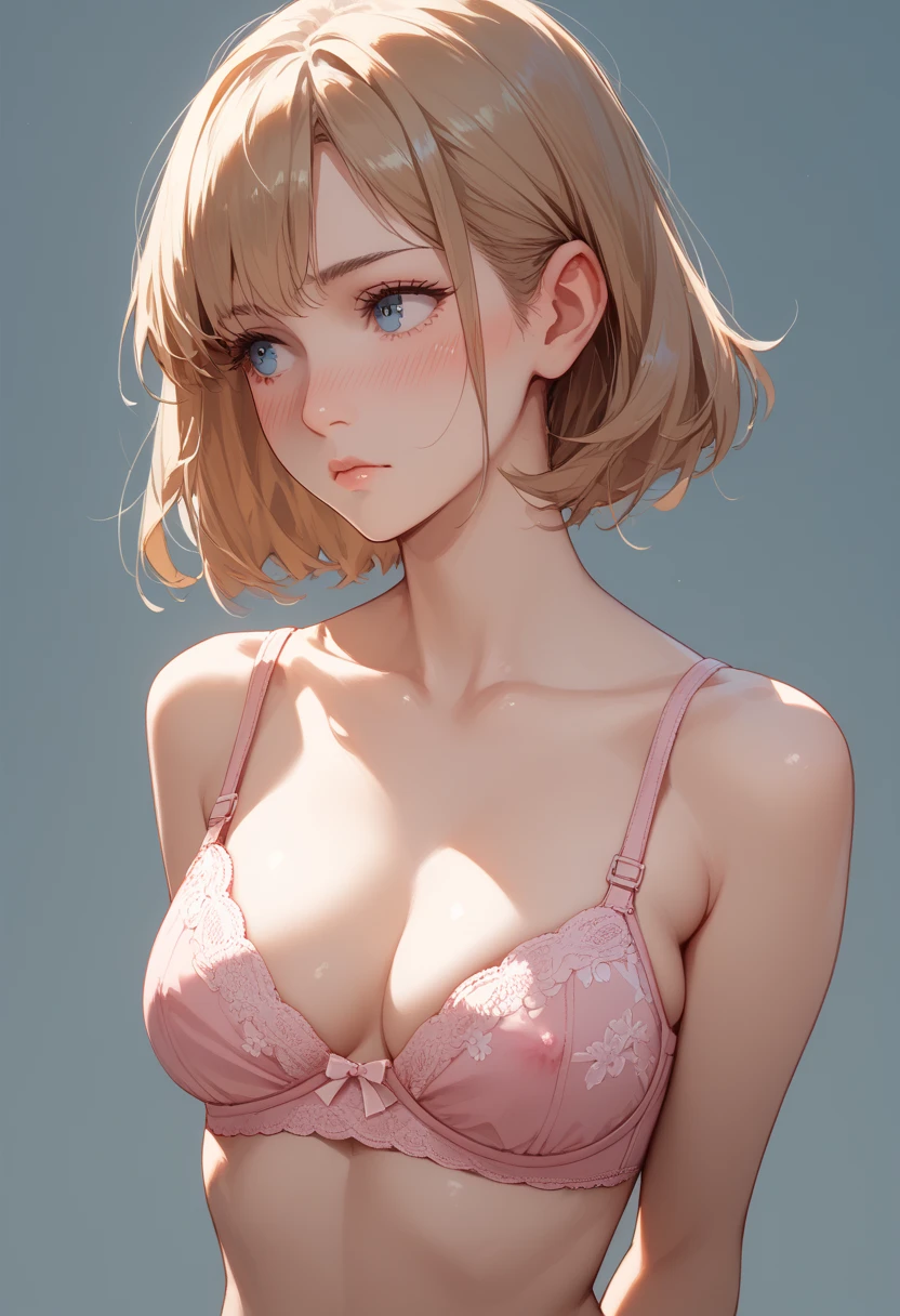 Best Quality,High resolution,8k,(plain white background, no patterns, no textures, just a plain white background:1.3),Masterpiece:1.2),beautiful girl,Shiny khaki hair,messy hair,Beautiful khaki eyes,A set of lingerie featuring intricate lace detailing. The bra has delicate lace trim along the edges with a floral or geometric pattern, and adjustable straps with small, refined accents. The panties are designed with matching lace, featuring a soft, breathable fabric with a touch of elegance. The color scheme is sophisticated, such as soft pastels or classic black with subtle touches of gold or silver,Gentle look,A refreshing look,smile,Best quality,Best Quality,Aesthetic and aesthetic:1.2,Best details((Super detailed))(High-definition CG illustrations),Slender body,smile,blush,cute,Scrounge,Looking up,Being spoiled,super model,wariza