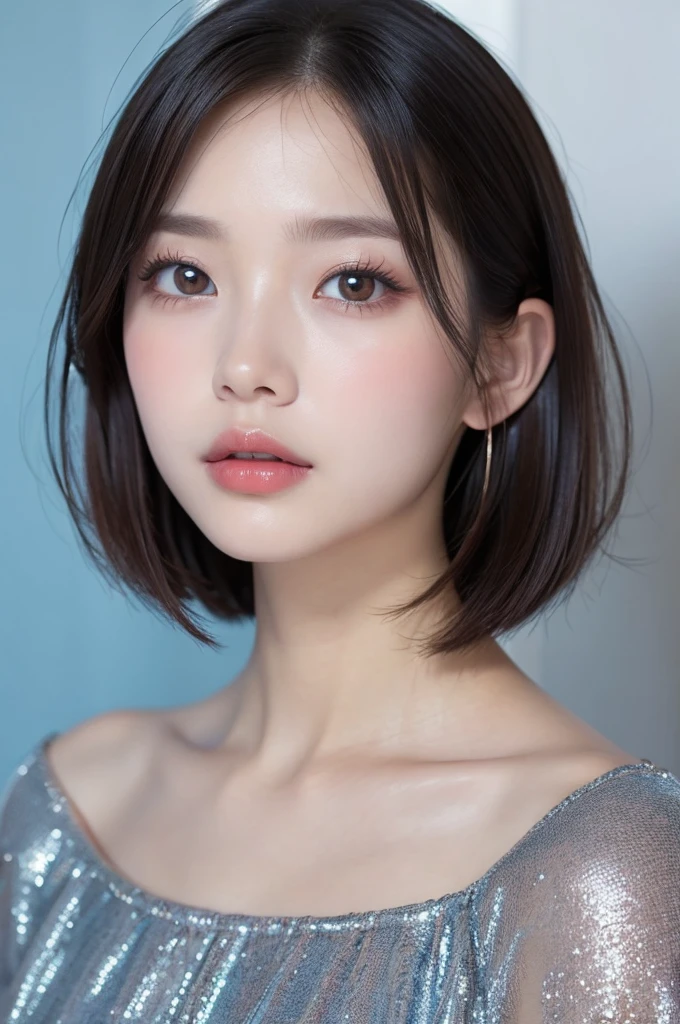 incredibly absurd, beautiful and cute 20-year-old Korean girl with a photorealistic face, showcasing top-quality craftsmanship. Her slender frame adorned with short, messy hair. The artwork high-resolution, allowing for ultra-detailed features to be captured flawlessly. The girl depicted naked. The focus lies on the realistic pupils, showcasing depth and emotion.